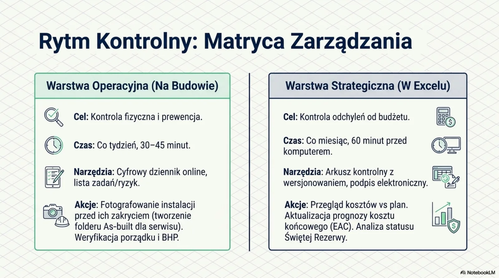 Dwie kolumny: Warstwa Operacyjna na budowie (co tydzień, 30-45 min, dziennik cyfrowy, fotografowanie instalacji przed zakryciem) vs Warstwa Strategiczna w Excelu (co miesiąc, 60 min, arkusz kontrolny, prognoza EAC)