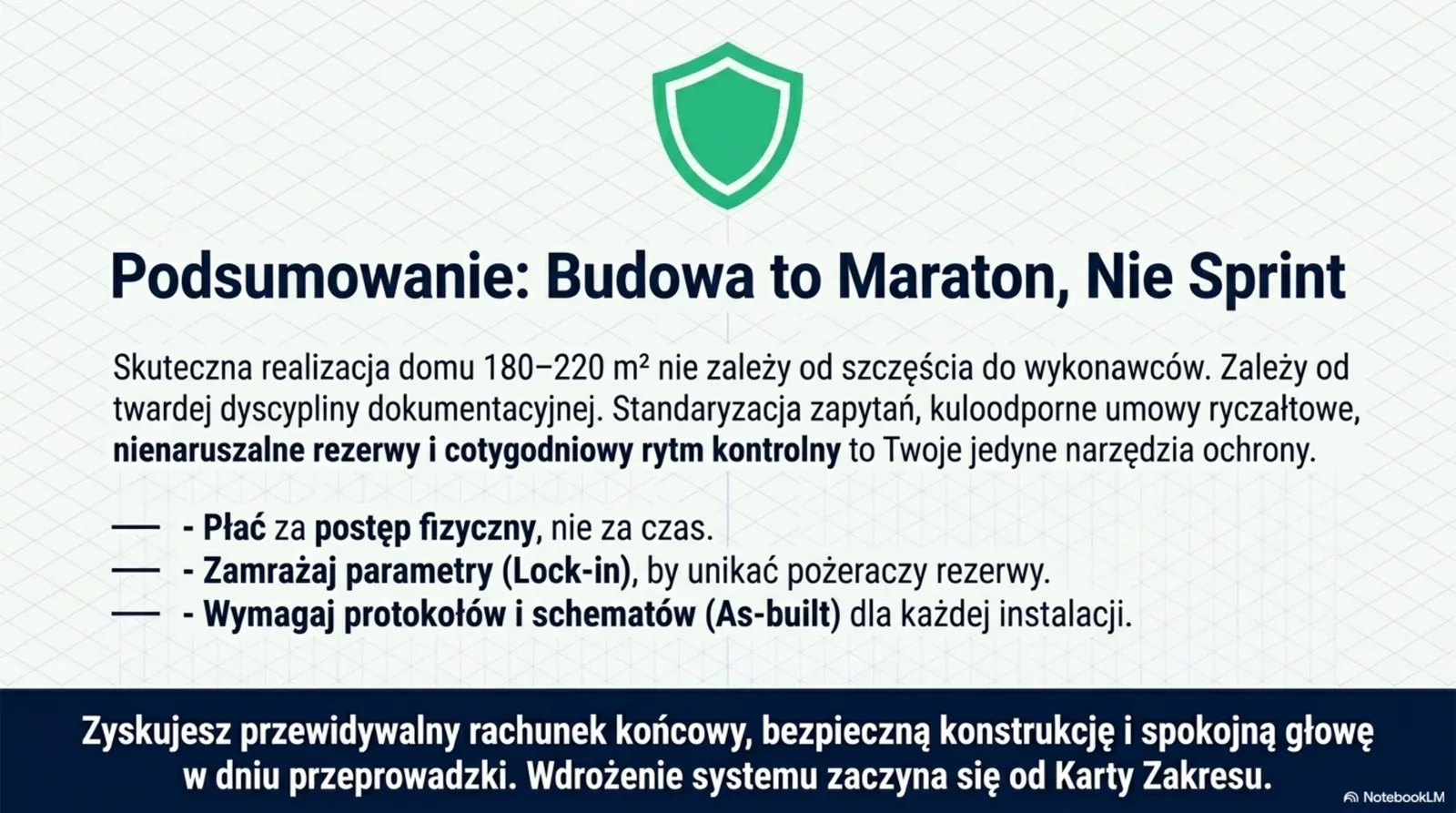Tarcza ochronna z trzema zasadami: płać za postęp fizyczny, zamrażaj parametry (lock-in), wymagaj protokołów i schematów As-built