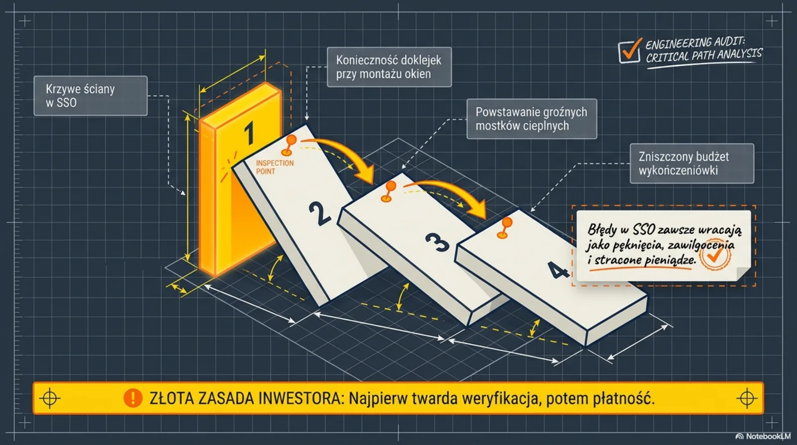 Diagram efektu domina — błąd w SSO powoduje kaskadę problemów: krzywe ściany, doklejki przy oknach, mostki cieplne, zniszczony budżet wykończenia