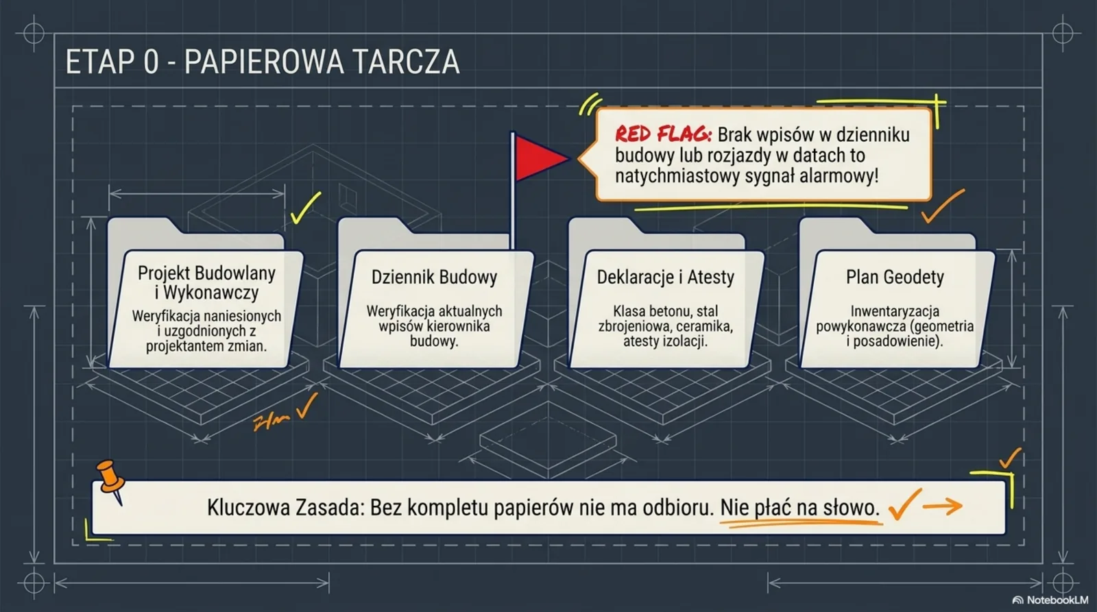 Cztery teczki dokumentów wymagane przed odbiorem: Projekt Budowlany i Wykonawczy, Dziennik Budowy, Deklaracje i Atesty, Plan Geodety