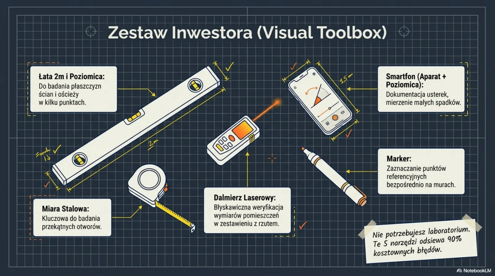 Pięć narzędzi w izometrii: łata 2m, miara stalowa, dalmierz laserowy, smartfon z aplikacją poziomicy, marker