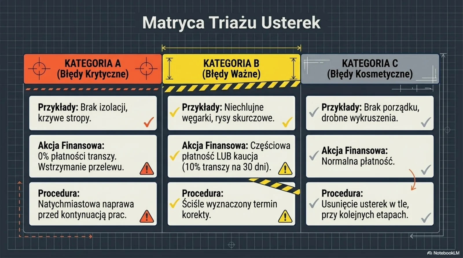 Macierz 3 kategorii usterek: A — krytyczne (0% płatności), B — ważne (10% kaucja na 30 dni), C — kosmetyczne (normalna płatność)