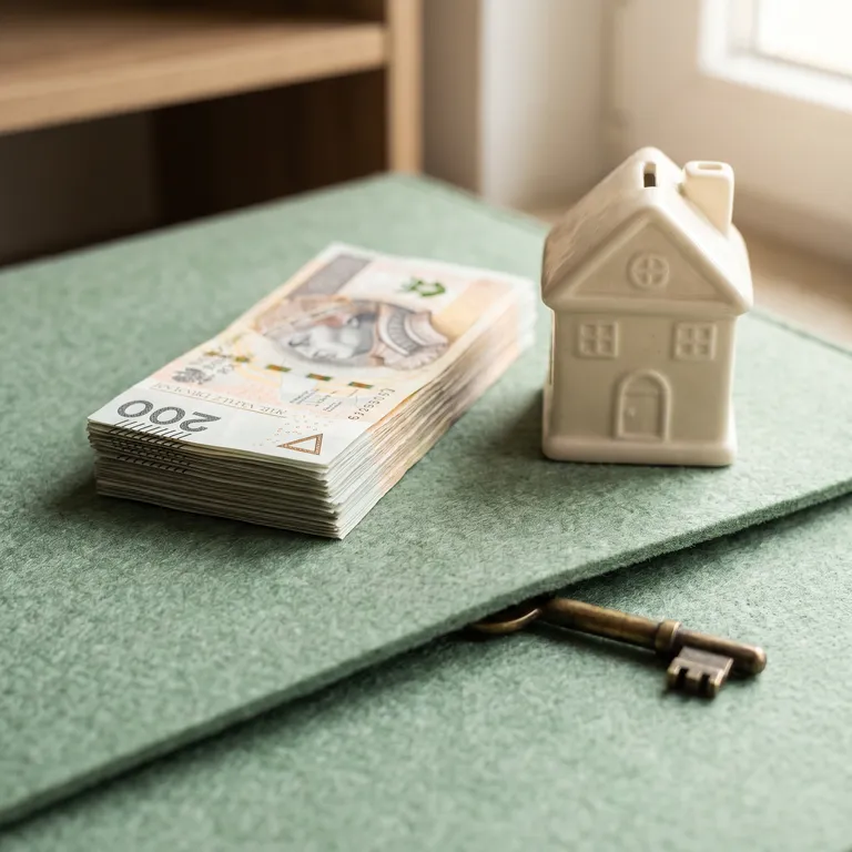 Plik banknotów 200 zł i ceramiczna skarbonka w kształcie domu