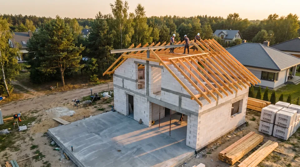 Typowa polska budowa jednorodzinna — ściany z bloczków gazobetonowych YTONG, drewniana więźba dachowa, podmiejskie otoczenie ze brzozami i sosnami, złota godzina