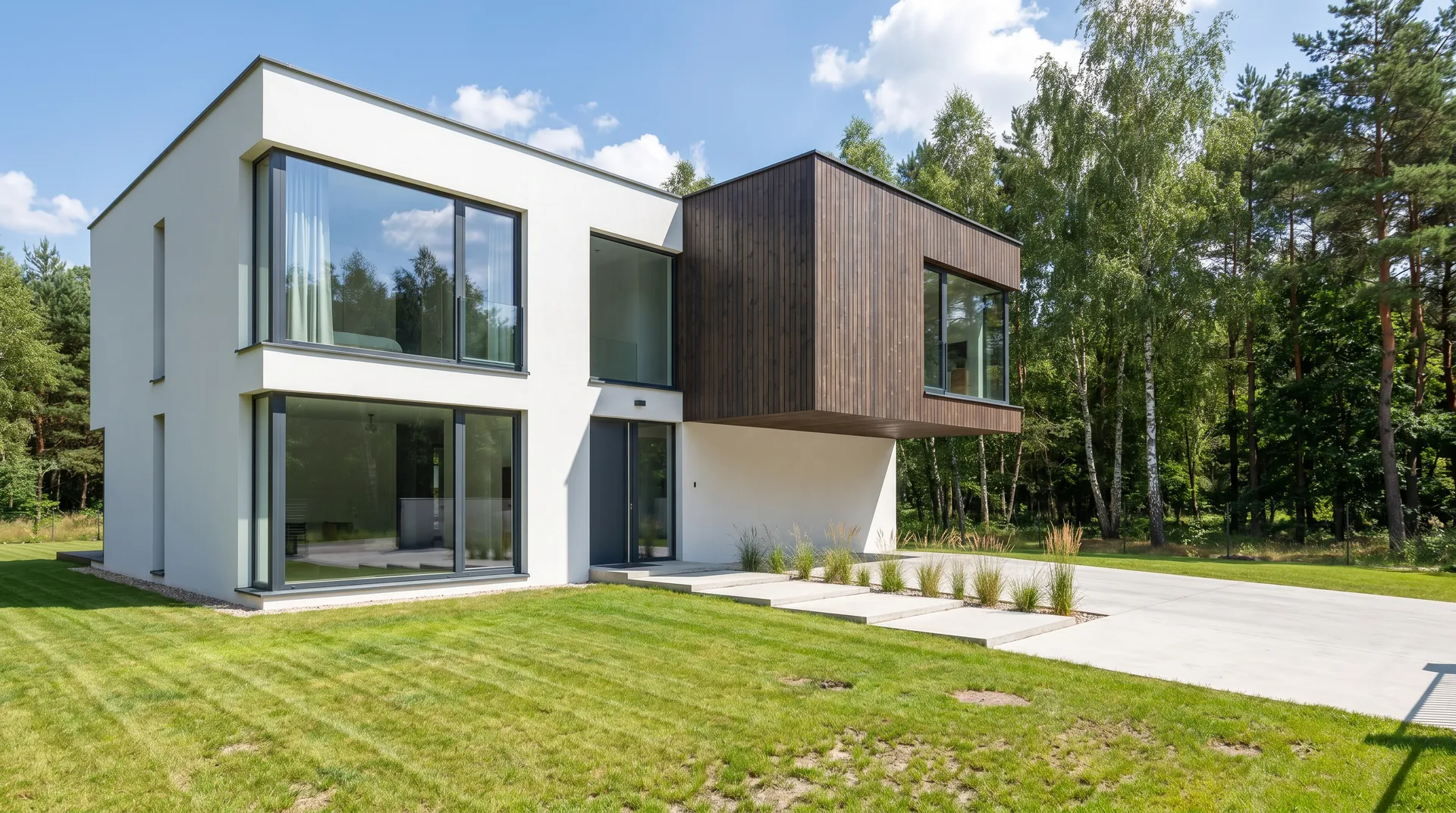 Premium dwukondygnacyjna willa modernistyczna z wysuniętą górną kondygnacją — biały tynk, ciemna okładzina lariks, panoramiczne przeszklenia w antracytowych ramach, leśna działka z brzozami i sosnami, podjazd z betonu