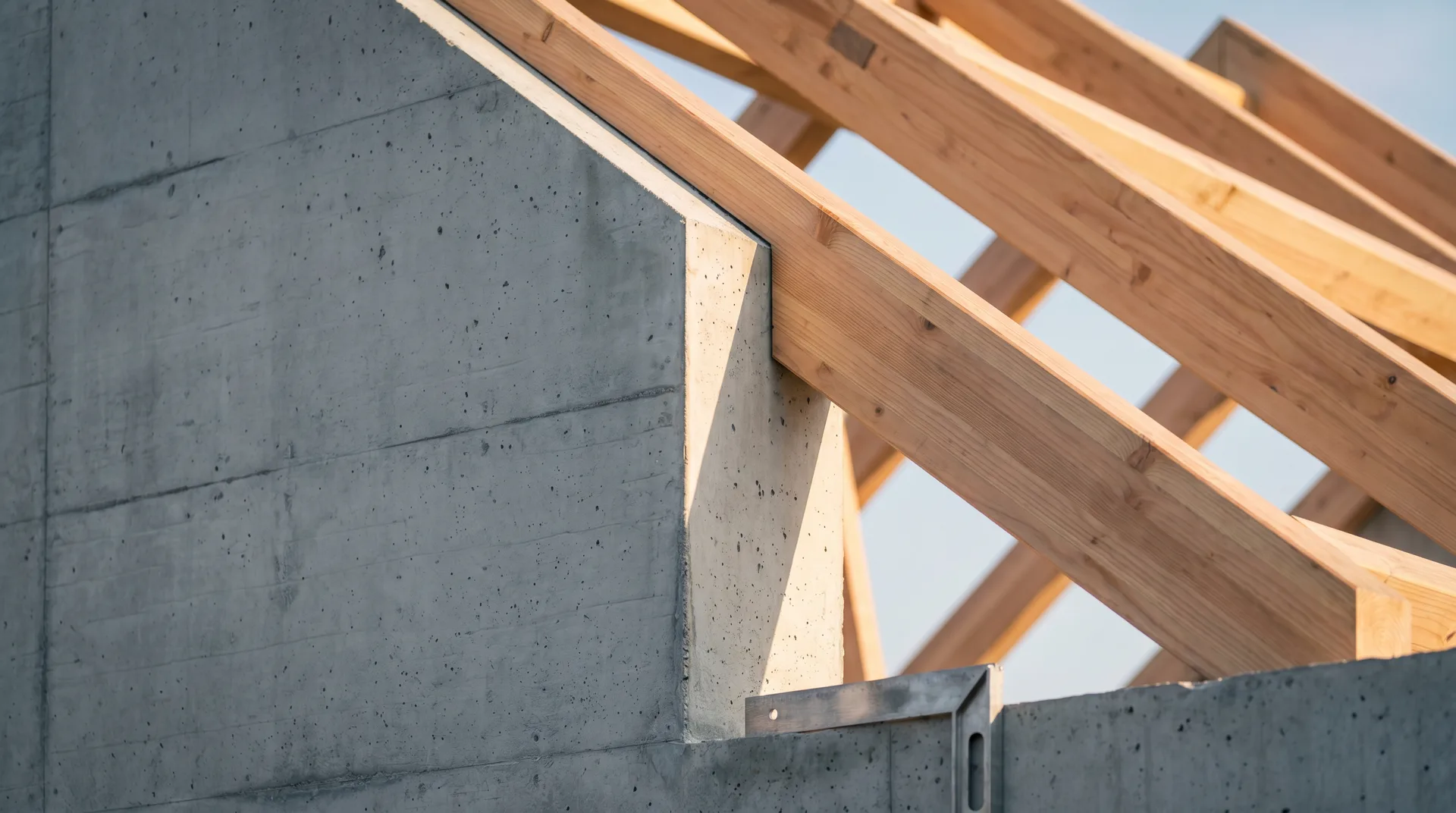 Detal architektoniczny premium willi w budowie — surowy beton szalowany spotyka drewnianą więźbę dachową, kątownik stalowy, ciepłe światło