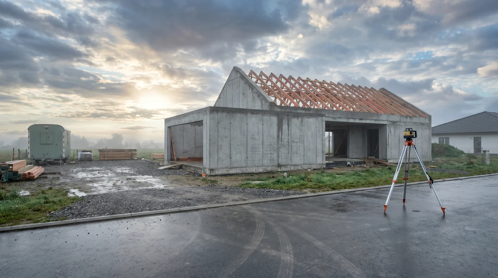 Plac budowy domu jednorodzinnego po porannym deszczu z drewnianą więźbą dachową, statyw geodezyjny na drodze, dramatyczne chmury